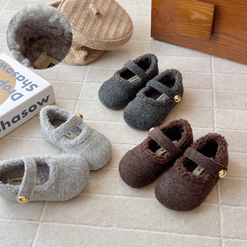

Fashion Round Toe Soft Ballet Flats Children's Winter Warm Wool Mary Jane Shoes Girls Brand Design Elegant Plush Loafers Toddler