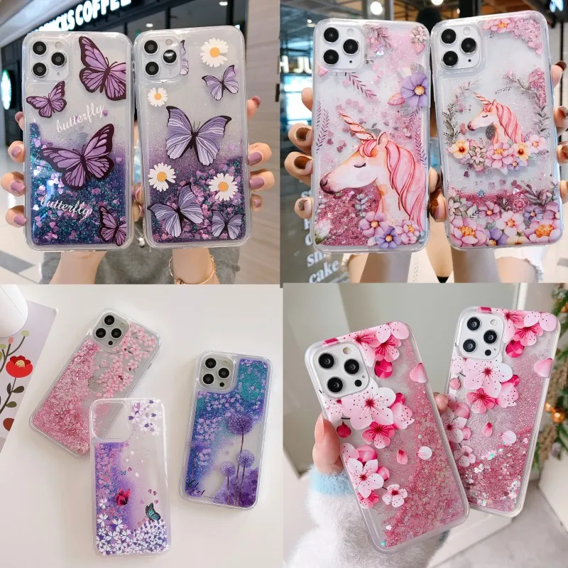 Liquid Quicksand Bling Glitter Butterfly Flower Unicorn Case For iPhone 14 13 12 mini 11 Pro Max XS X XR 7 8 6 6S Plus SE Cover