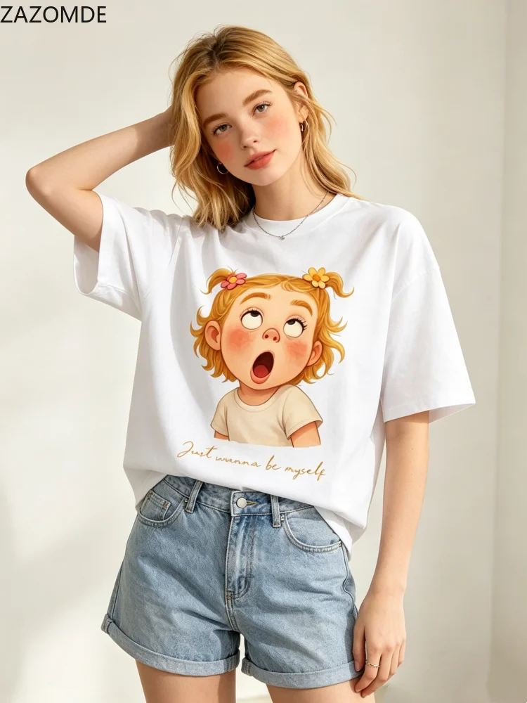 ZAZOMDE Summer Cotton T Shirt Cute Surprised Little Girl Graphic Print O Neck Short Sleeve Tees Casual Loose Streetwear Tops