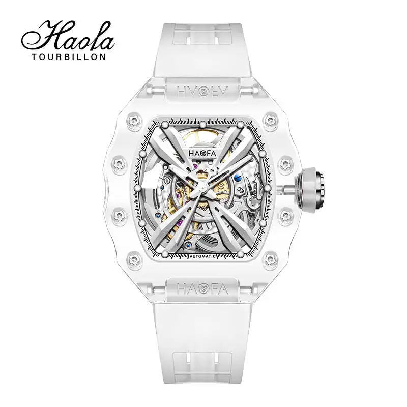Haofa Luxury Transparent Crystal Automatic Mechanical Watches for Men Middle Size Wristwatch Hollowing Waterproof Luminous 2302