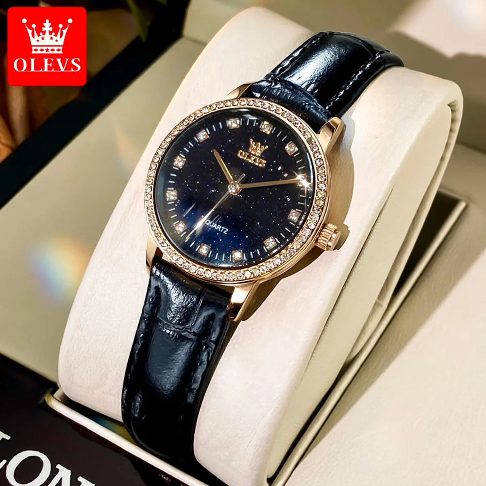 

OLEVS 5605 Diamond Starry Sky Dial Quartz Watch For Women Luxury Business Leather Hand Clock Top Brand Waterproof Woman Watches