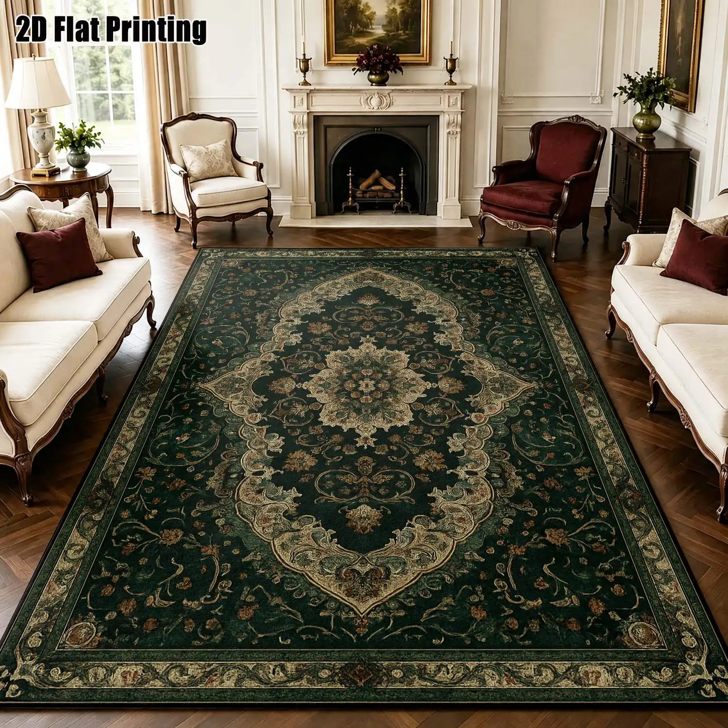 1Pc 2D Printed Carpet: Deep Green Floral Retro Pattern, European/Retro/Geometric Line/Bohemian Style, Multi-Size, Machine Washable, for Entrance, Living Room, Bedroom, Dining Room, Foyer