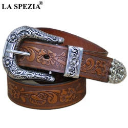 LA SPEZIA Real Leather Belt Men High Quality Camel Pin Belt Male Retro Designer Brand Cowhide Genuine Leather Carving Belt 130cm