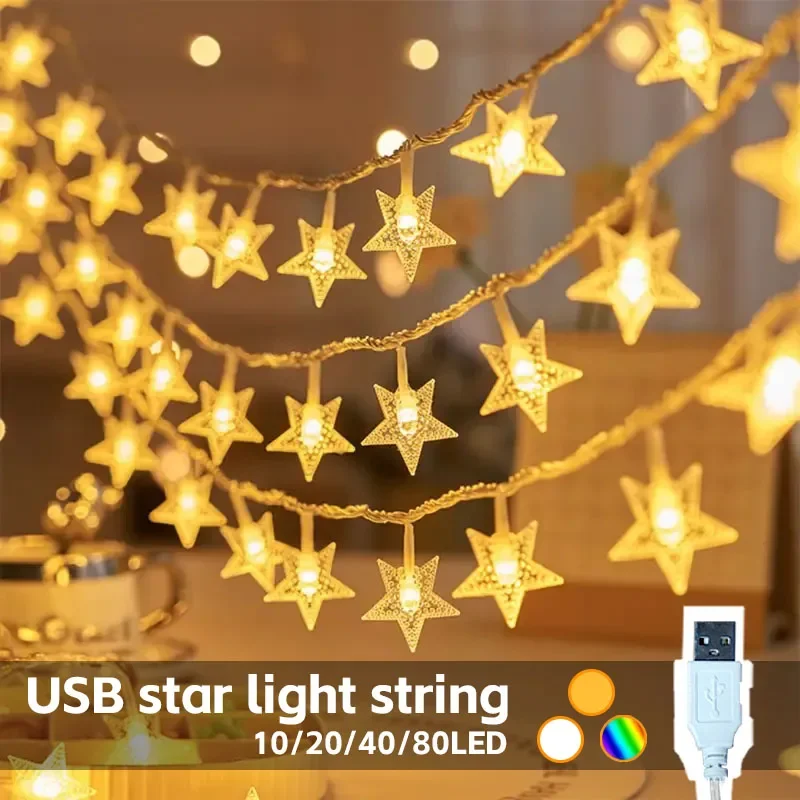 LED String Star Decorative Lights, USB Powered, Christmas Tree Lights, Wedding Party New Year Decorations