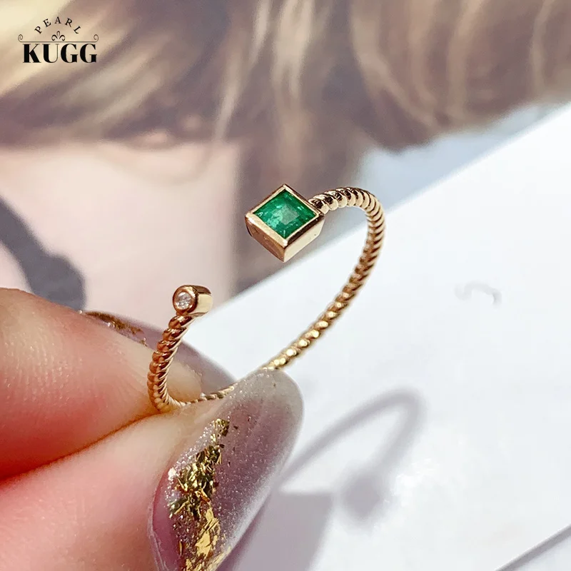 

KUGG 18K Yellow Gold Rings Shiny Real Natural Emerald Fashion Style Diamond High Party Jewelry for Women INS Style Fine