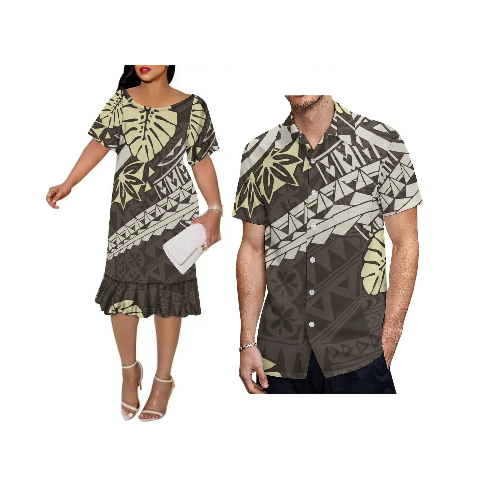 Print On Demand Custom Crew Neck Short Sleeve Casual Pleated Dress Polynesian Fishtail Plus Size Womens Dress 8XL