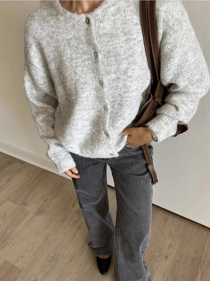

Мягкий вязаный кардиган, женский винтажный свитер, осенний повседневный простой кардиган из полиэфирного волокна, однотонный цвет