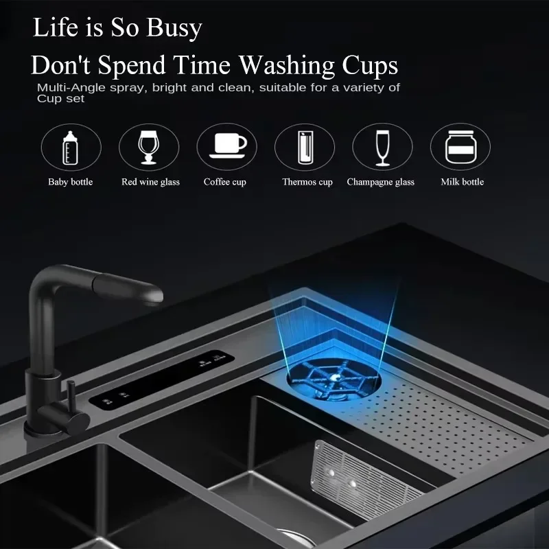 Durable and sturdy Led Digital Display Waterfall Ultrasonic Purification Kitchen Black Sink with Cup Washer