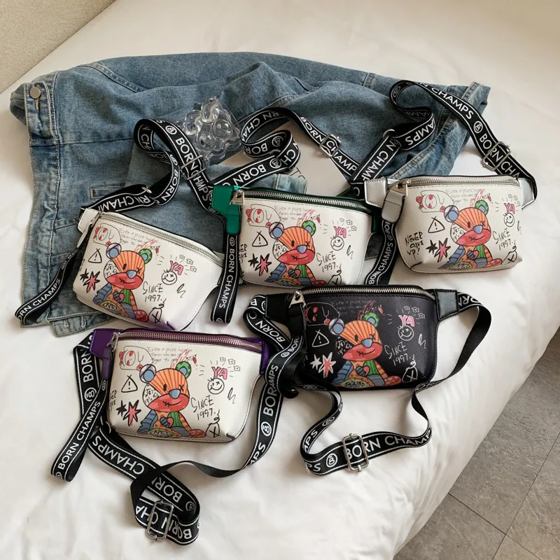 Art Graffiti Girls Chest Bag Protable Storage Travel Crossbody Small Bag Women Purses Cute Cartoon Bear Handbags 2023 Pocket Bag