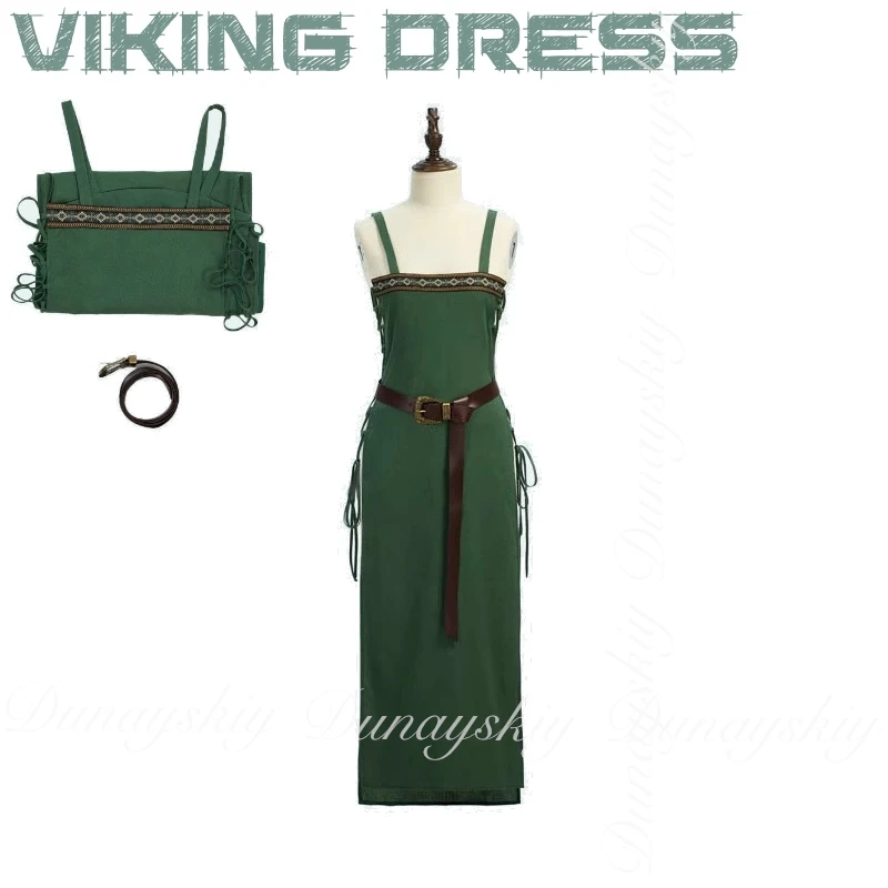 

Medieval Vintage Viking Dress Coswear Halloween Cosplay Full Of Vintage Apron Belt Green Dress Cosplay Costume Anime Full Of Set