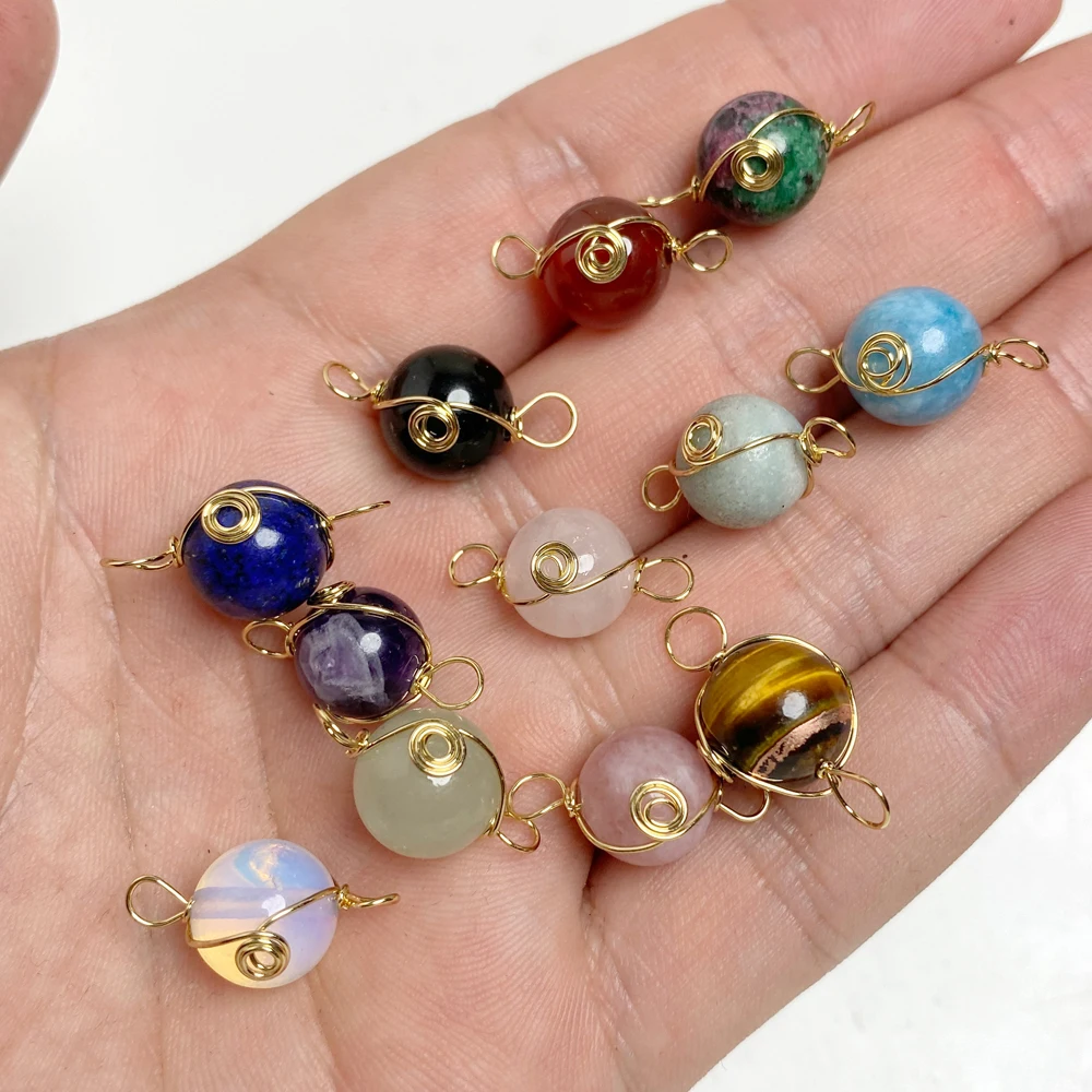 5pcs Natural Stone Charms Round Double Hole Beads Connectors Wire Wrapped 10MM Bead Charm For DIY Necklace Jewelry Accessories