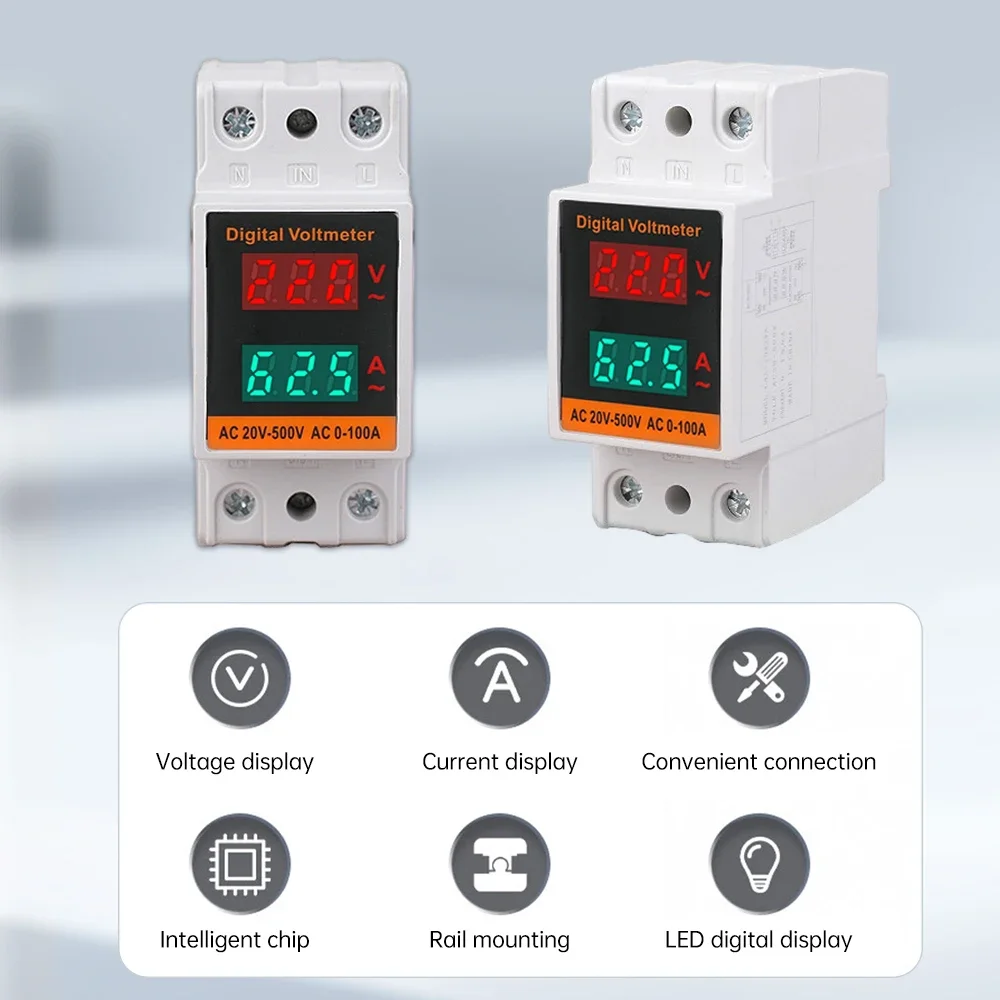 AC 20-500V 100A Din Rail Voltmeter Dual Digital Display Ammeter Voltage Tester Electricity Meter Volt Amp Monitor Energy Meter