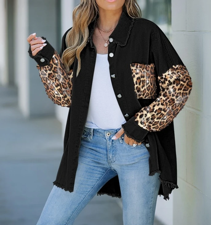 

Elegant Women Coats Single Breasted Striped Contrast Leopard Sequin Patchwork Long Sleeve Jacket Button Front Raw Hem Shacket