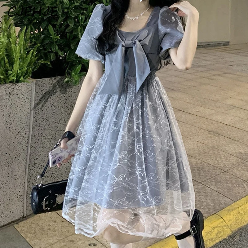 

CJFHJE Women's Vintage Bow Sweet Kawaii Mesh Patchwork Puff Short Sleeve Midi Dress Summer Casual Slim Party Princess Dresses