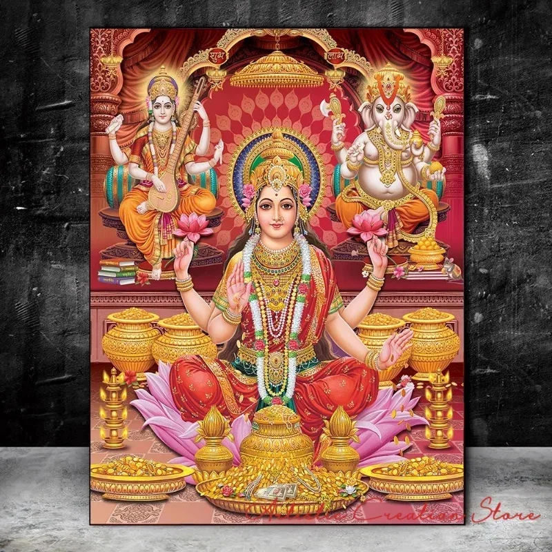 India Hindu Gold Ganesha Temple Posters Elephant God Painting on Canvas Vintage Prints Wall Pictures Living Room Art Home Decor