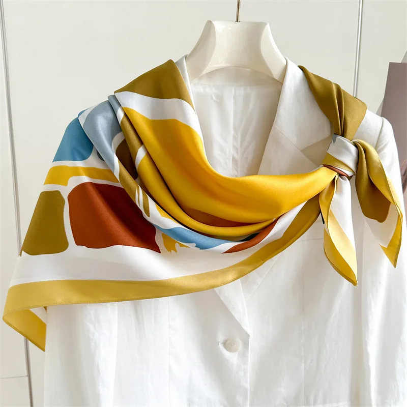 90 ซม.ผ้าพันคอผู้หญิงแบรนด์หรูดอกไม้ขนาดใหญ่ผ้าไหม Foulard ผ้าพันคอนุ่ม Neckerchief Hijab ผ้าพันคอผมสําหรับสุภาพสตรี