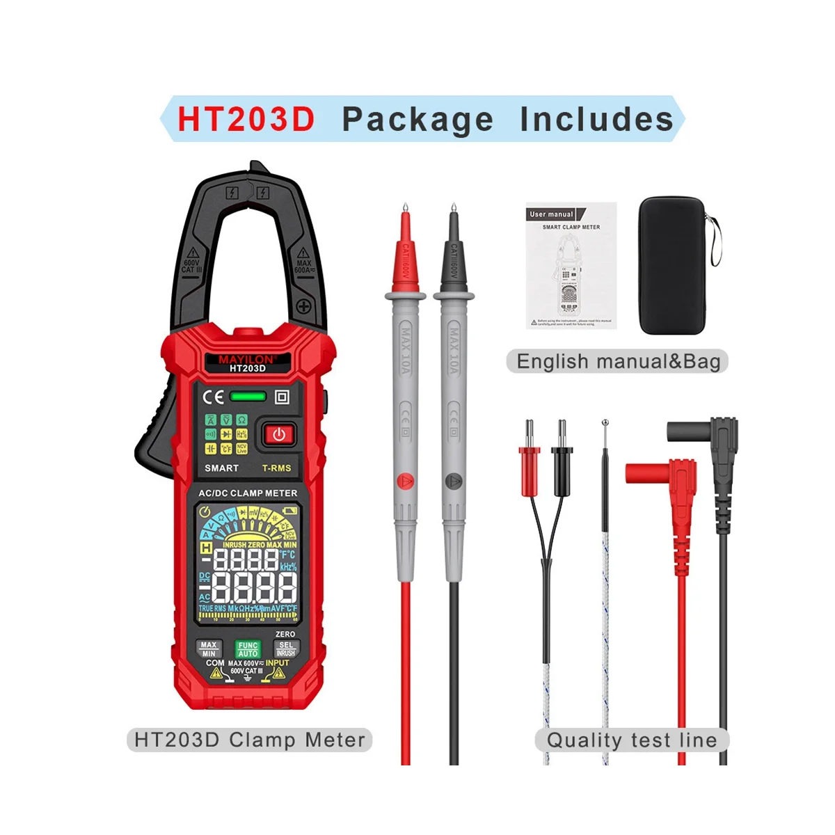 MAYILON HT203D Digital Clamp Meter Multimeter AC Current and AC/DC Voltage Tester Continuity Hz Tester Voltmer