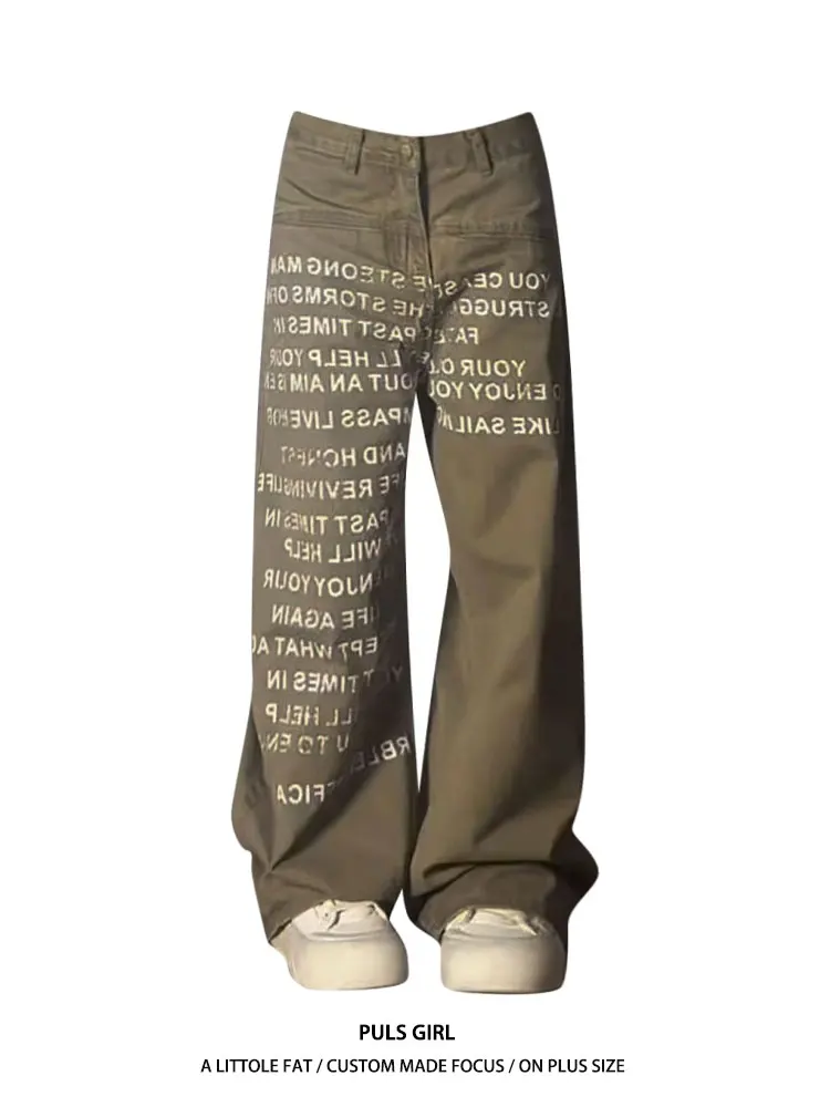 

plus Size American Retro Washed Letter Print Wide Blade Jeans Women's Loose Slimming Wide Leg Pants High Waist Street Style