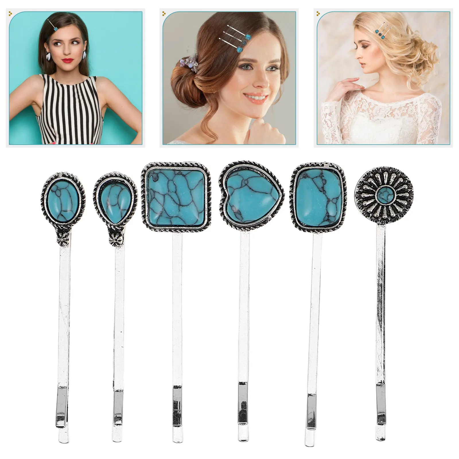 

Набор из 6 бирюзовых заколок для волос с цветочным узором в китайском традиционном стиле, декоративные заколки-сердечки для женских причесок в азиатском стиле