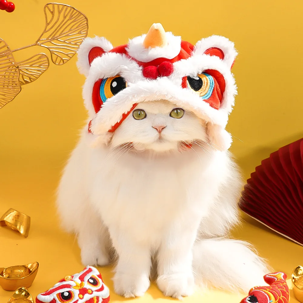 Cat Dance Lion Hats Chinese Style Costume Cute Plush Pet Hat Soft Warm Clothes Lunar New Year Holiday Cat Dog Dress Up Supplies