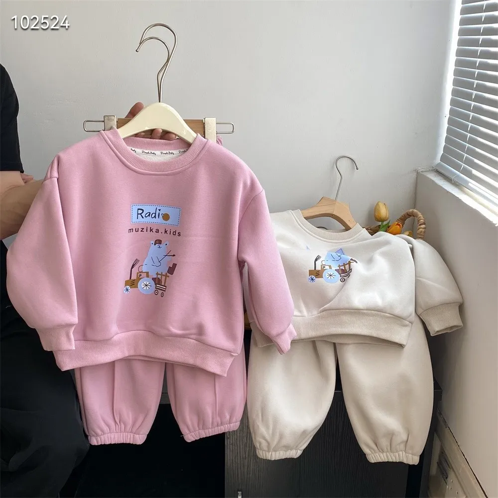 

Детский комплект из двух предметов для маленьких девочек, зимний толстый теплый свитшот с мультяшным принтом для маленьких девочек, топ + эластичная талия, штаны для бега для маленьких девочек