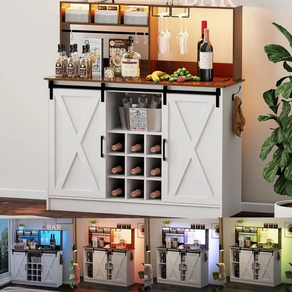 Coffee Bar Cabinet com luzes LED ajustáveis, Sideboard Buffet Cabinet, prateleira ajustável e Wine Racks, 6.5FT Outlet, 47 in