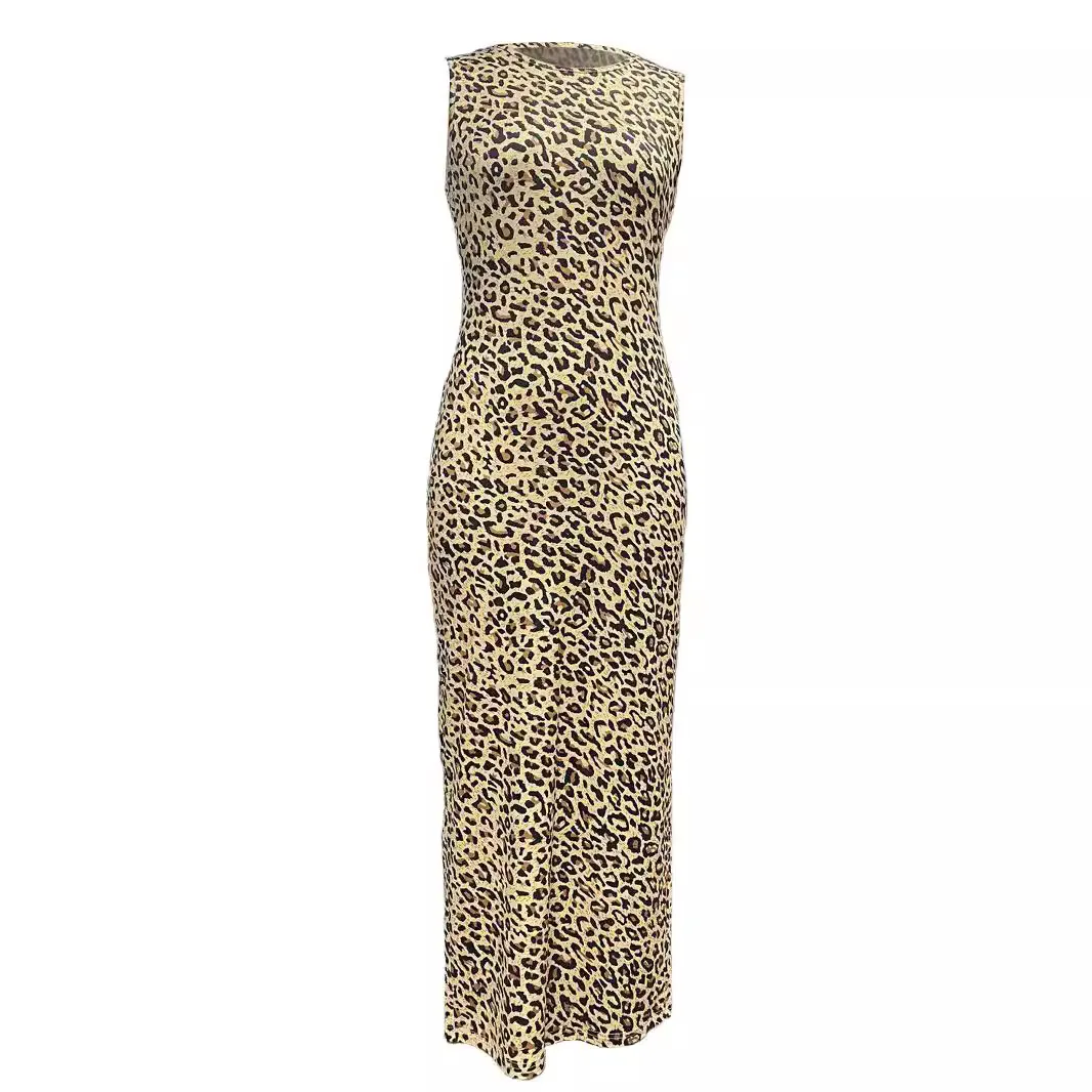 夏の新作ファッション、ヨーロッパスタイルのレディース長袖ラウンドネック、レオパード柄ニットノースリーブ、スリムフィットドレス