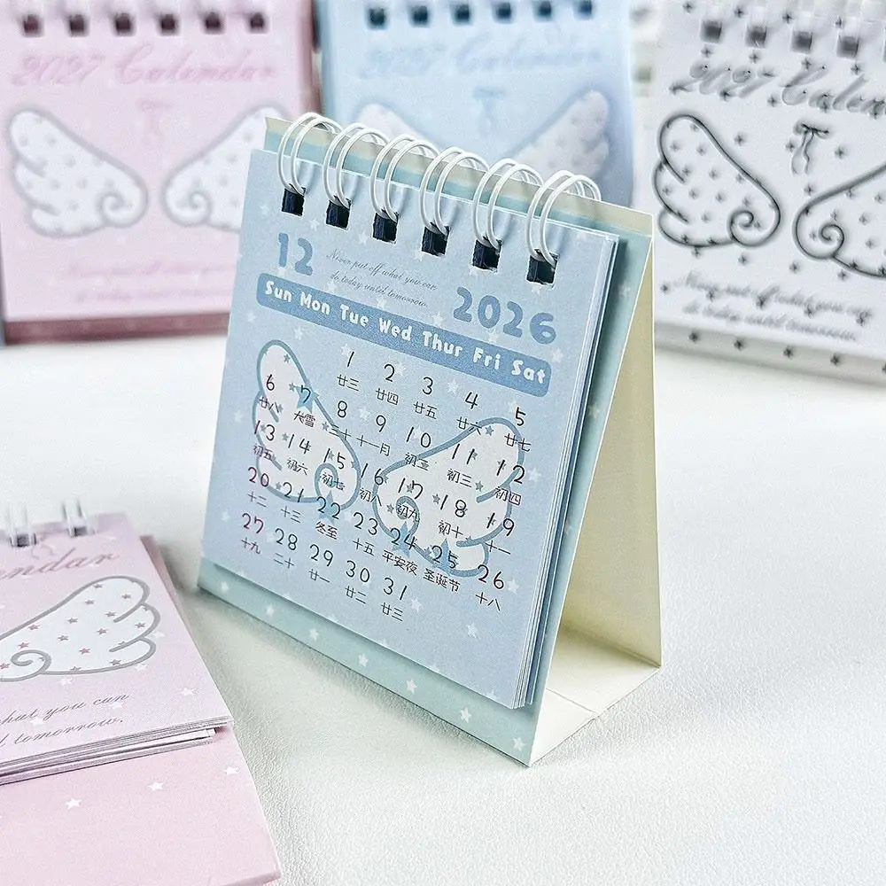 Paper Tabletop Calendar Standing Angel Wing Pattern Mini Desk Calendar Spiral Bound 2626-12- 2027-12 Spiral Desk Calendar