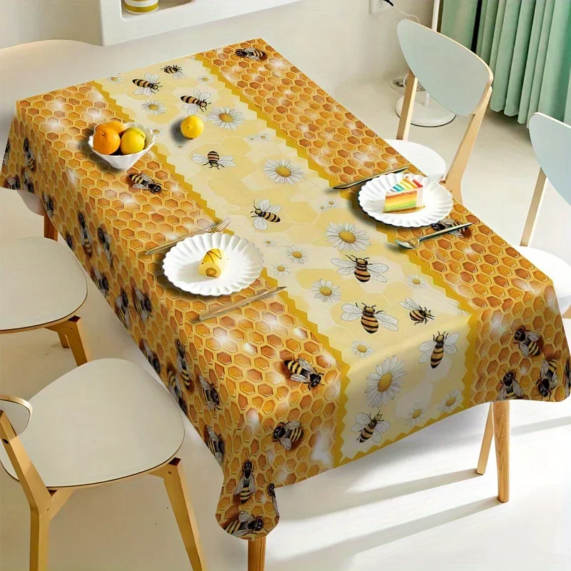 Charming Farmhouse Bee Print Tablecloth, Rustic Honeybee Pattern Table Cover for Dining, Tea Table, and Party Decor