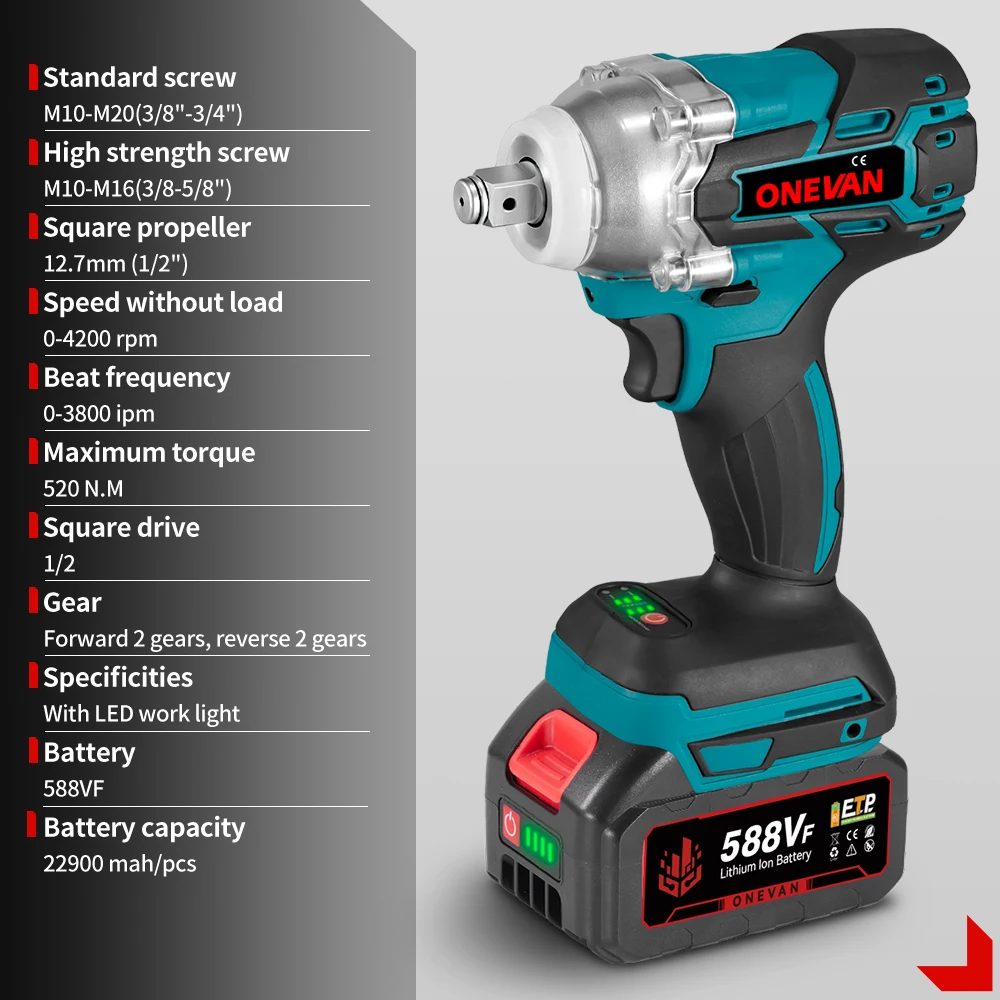 ONEVAN 520N.M Brushless Electric Wrench 1/2" Socket Cordless Wrench Screwdriver Car Repair Power Tool for 21V 18V Battery