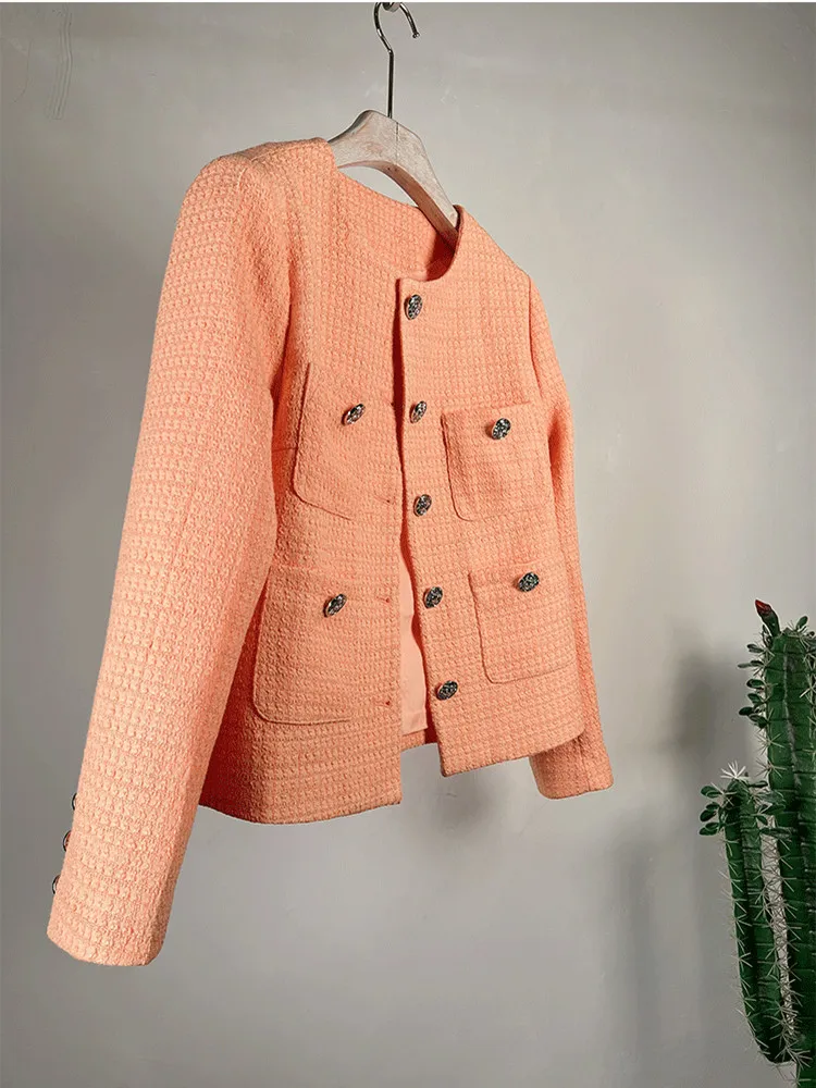 Luxury Office Ladies Top Women\'s Jacket 2023 Spring New Orange Tweed V-neck Elegant Short Slim Small Fragrant Korean Coat