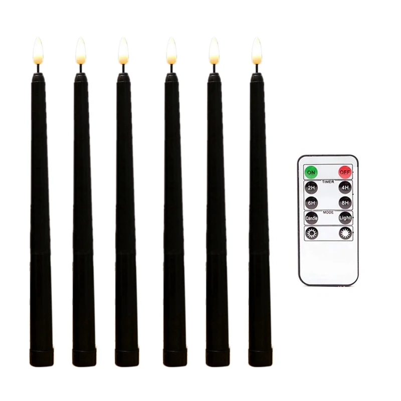 12Pcs Flameless Black Taper Candles Flickering With 10-Key Remote Timer, Operated LED Candlesticks Window Candles