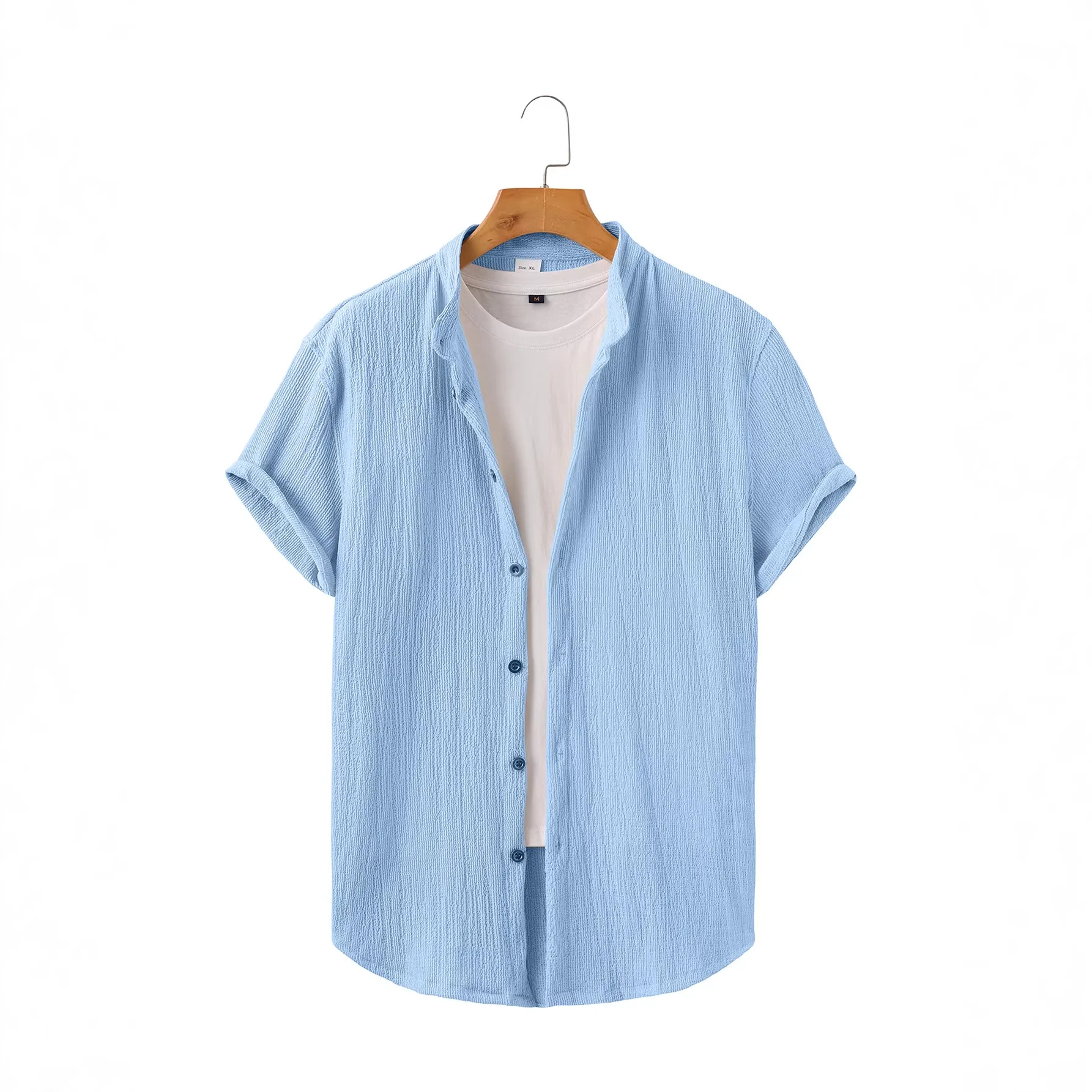 2026 Summer Men's Casual Stand Collar Short Sleeve Shirt Light Mature Fashion Basic Color Top Quality Material Daily Wear EU Siz