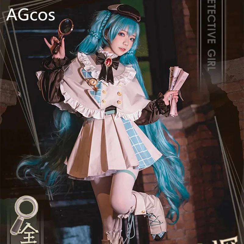 

AGCOS Vocaloid Little Detective Miku Косплей Костюм Девушка Мику Рождественский Подарок Наряды Юбка Косплей Платье