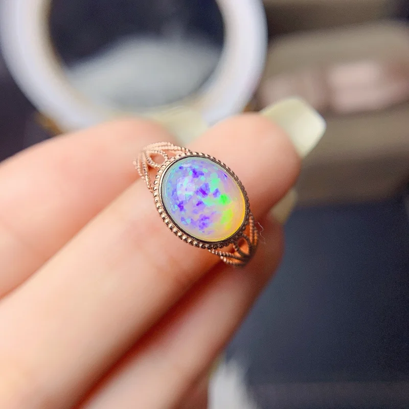 

YULEM Natural Opal Ring 8mm*10mm White Opal Silver Ring for Daily Wear 925 Silver Gemstone Jewelry with Gold Plating