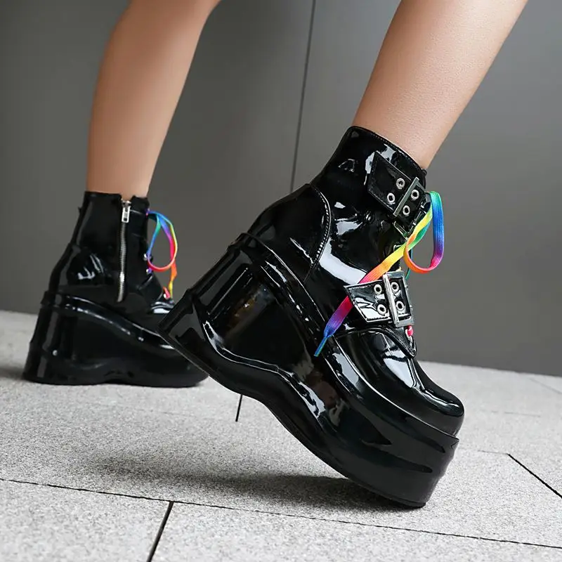 

ORCHALISA Women Ankle Boots Round Toe Wedges High Heel 10.5cm Platform Hill 6.5cm Lace Up Patent Leather Bota 44 45