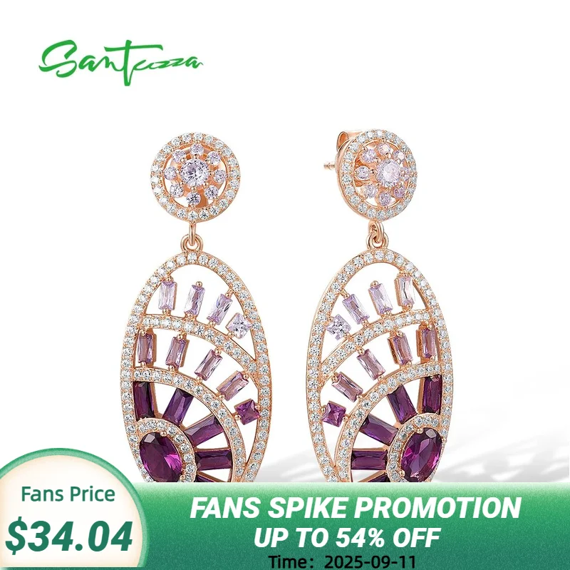 

SANTUZZA Authentic 925 Sterling Silver Stud Earrings For Women Sparkling Purple Spinel White CZ Delicate Oval Drop Fine Jewelry