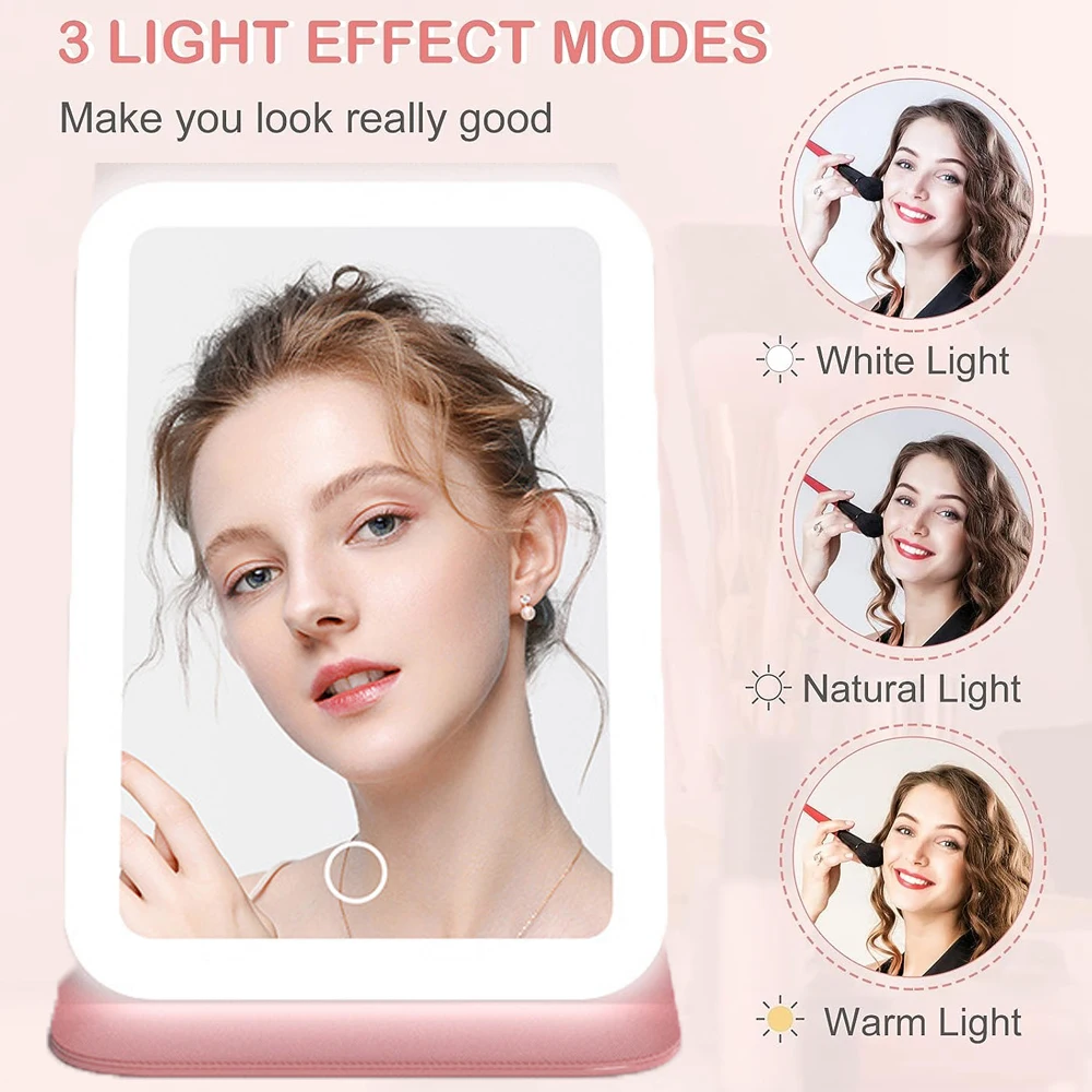 Viagem recarregável Iluminado Maquiagem Vanity Mirror, Portátil, Tabletop Cosmetic Mirror, 3 Modos de Luz Coloridos