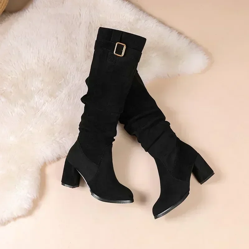 

Fashion Women's Mid-calf Boots Suede Square Heel Brown Long Boots Breathable Sexy Outdoor Leisure Women Shoes 6-8cm Botas Mujer