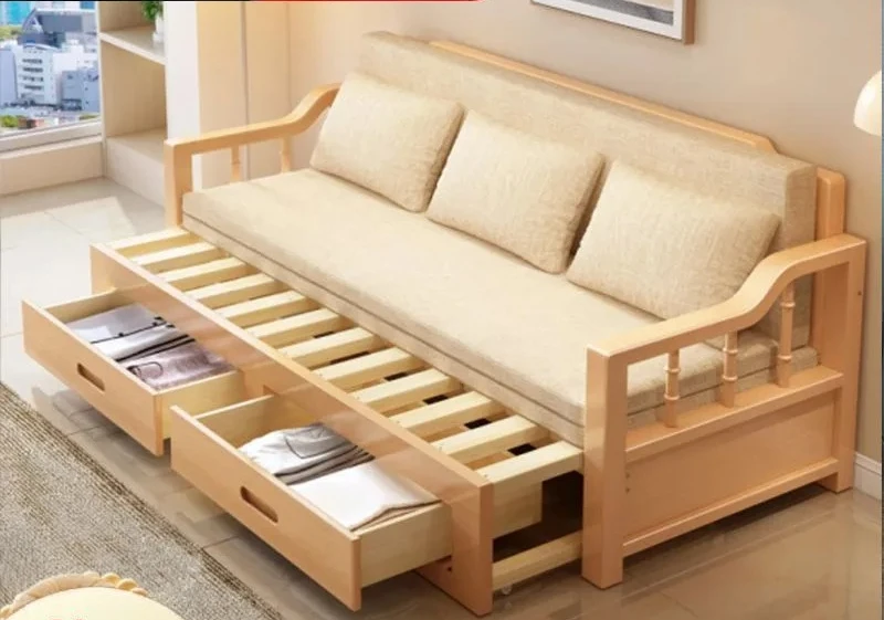 Solid Wood Beech Sofa Bed Foldable Convertible Couch for Small Apartment Living Room Modern Simple Design Space Saving Guest