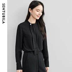 SENTUBILA Chiffon Ribbon Blouse for Women 2026 Spring Loose Solid Stand Collar Elegant Shirts Commute Basic Tops 151V57948