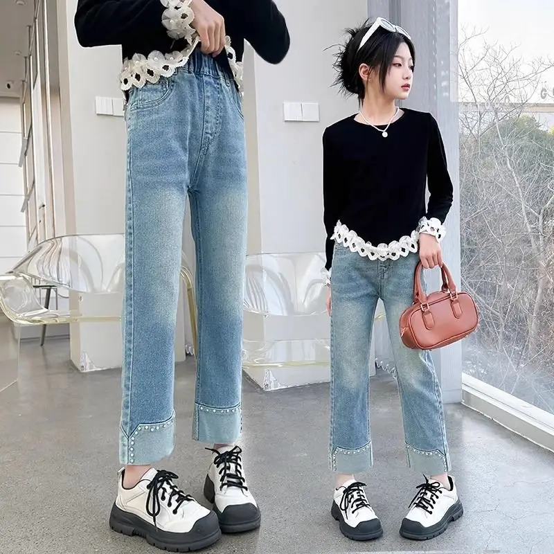 【2025 New】Girls' Slim-Fit Denim Straight-Leg Jeans, Kids' Fashion Casual Pants for Toddler & Girls, Stretchy & Comfortable