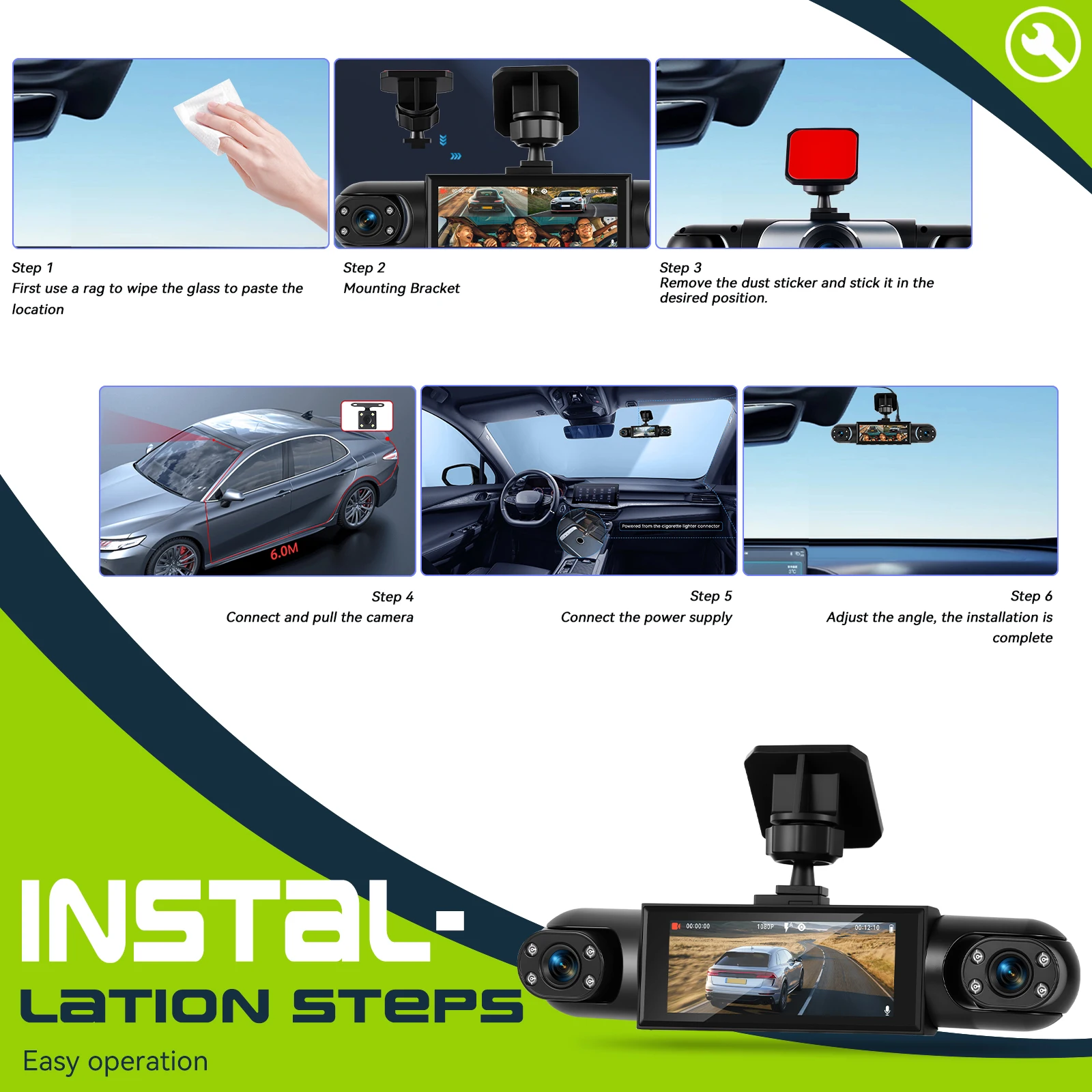 Podofo 3,16 Zoll Auto-Dashcam 1080P Auto-Blackbox Dashcam mit Vier HD-Kameras Einschließlich 480P Linke Innenkamera, Rechte Innenkamera und Rückkamera – Detail 9