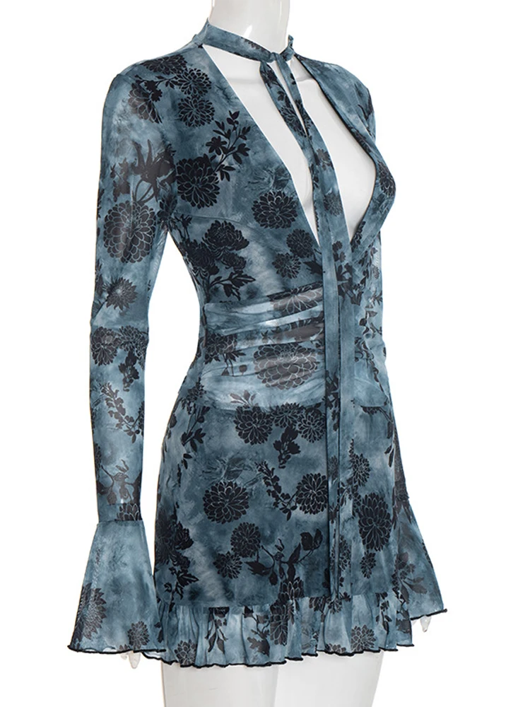 Kricesseen Luxe Bloemenprint Diepe V-hals Ruches Zoom Mesh Korte Jurk Vrouwen Flare Mouw Ruches Nachtclub Jurk Sexy Clubwear