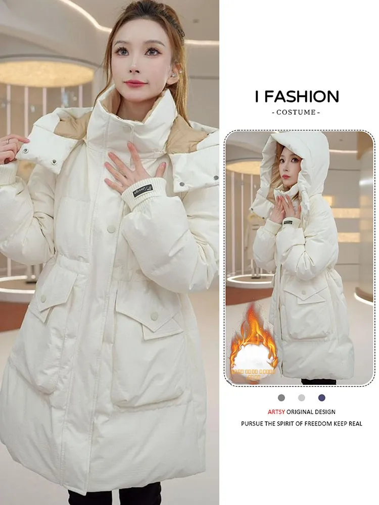 

Женское пуховое хлопковое пальто Ele с капюшоном, свободного кроя, средней длины, в корейском стиле, однотонное, на молнии, для повседневной носки