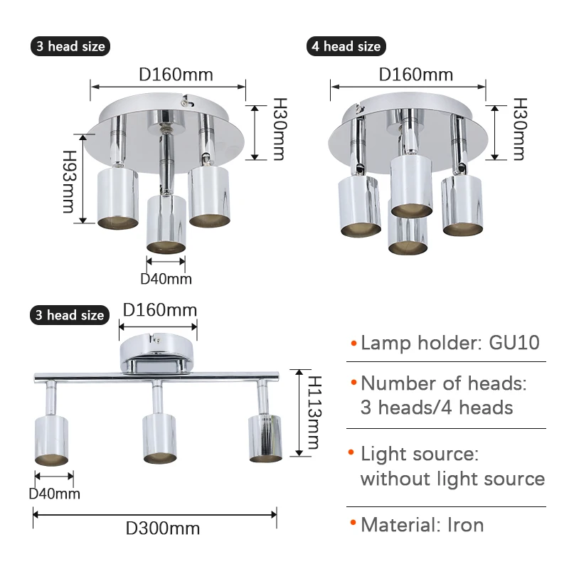 Ângulo ajustável LED luz de teto, 2-Head Chrome Lamp, Spot iluminação para sala de estar, quarto, cozinha, sala de jantar, GU10