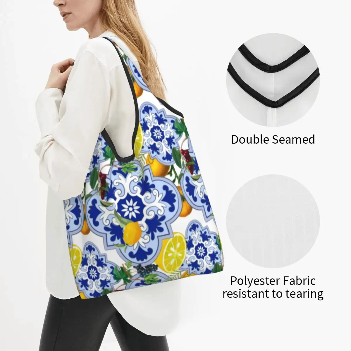 Funny Print Sicilian Summer Fruit Lemon Citrus Tiles Tote Shopping Bag Portable Shopper Shoulder Handbag