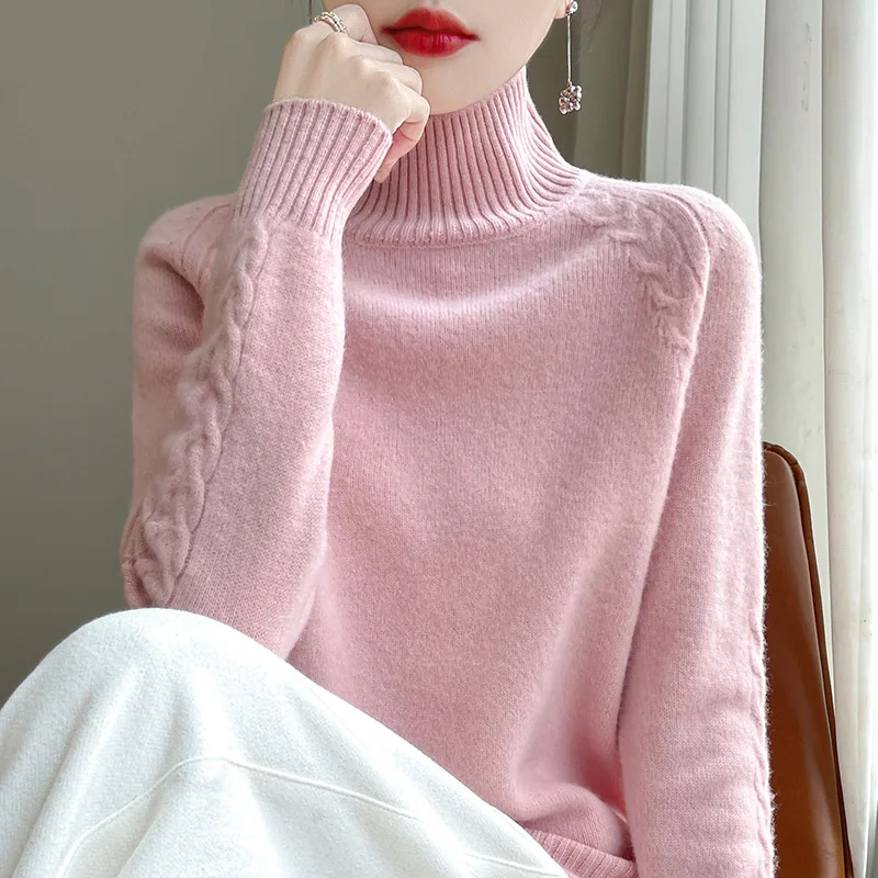 

Hot selling women's 100% high neck Merino wool sweater solid color knitted comfortable spring and autumn full sleeved pullover