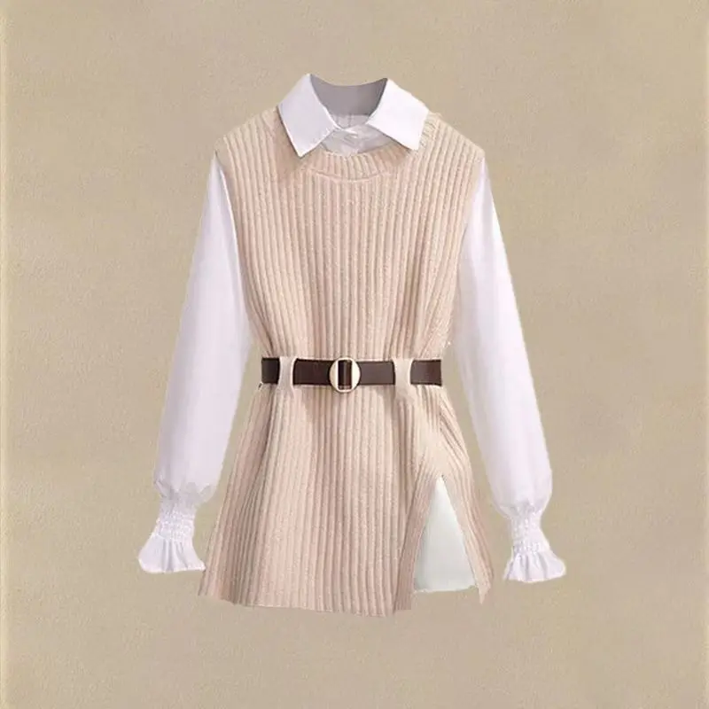 Two Piece Set for Women Autumn Winter Fashion Slit Elegant Knitted Sweater Vest White Chic Long Sleeve Shirts Office Lady Outfit