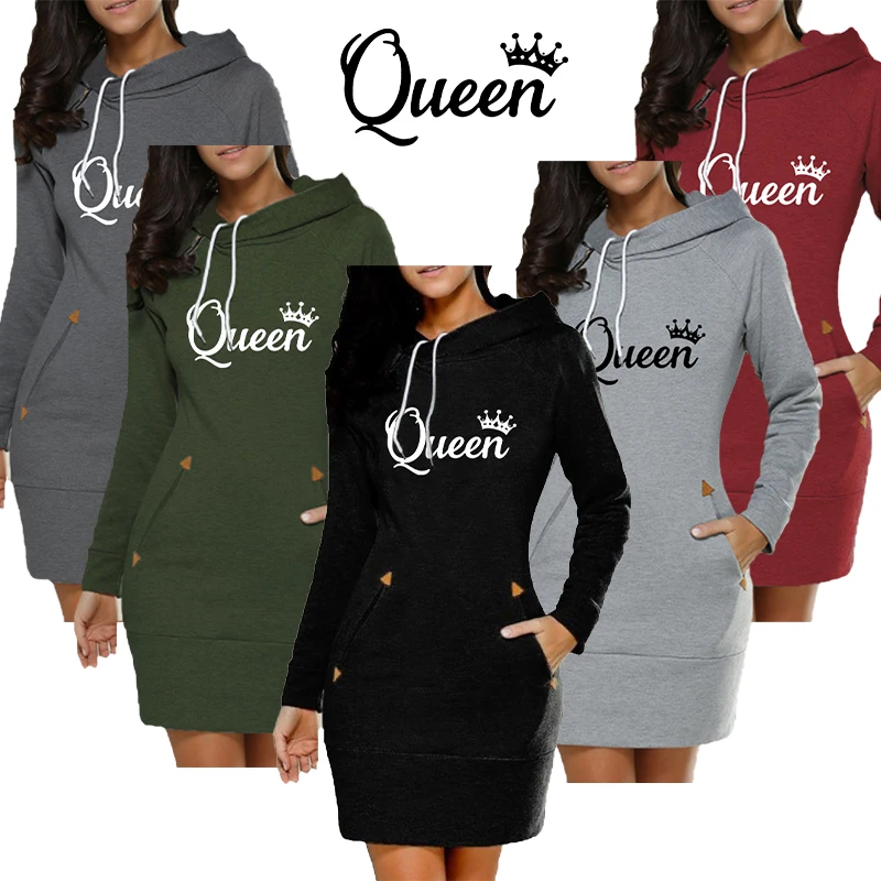 Women Hoodie Dress 2023 Spring Autumn Queen Printsd Long Sleeve Hoodie Casual Hooded Jumper Pockets Sweater Tops Women Clothing